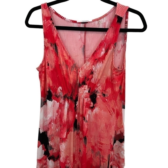 Tahari Red Pink Black Abstract Floral Long Maxi Dress Sleeveless Sz Small - Picture 2 of 4